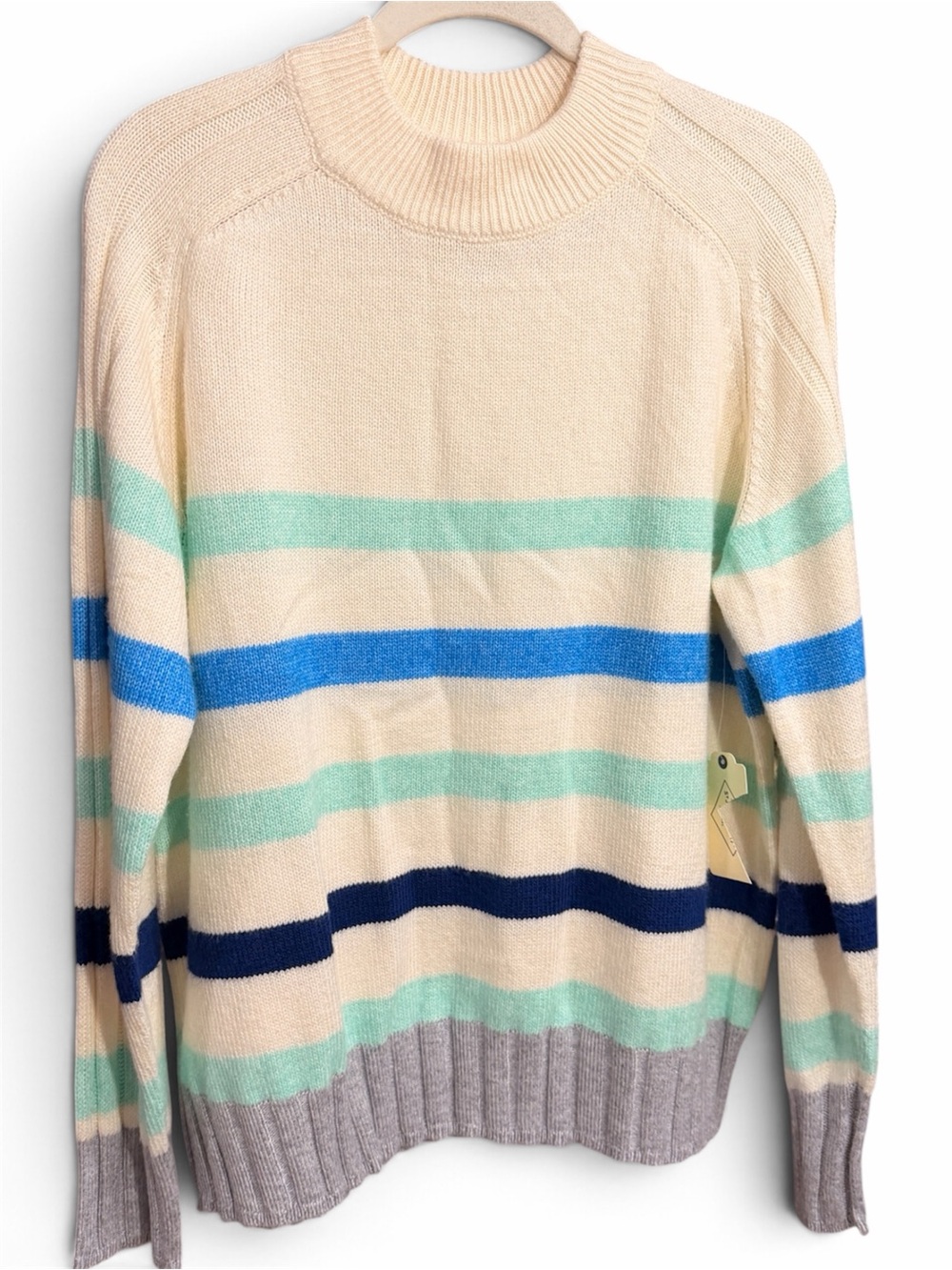 Saint John's Bay Active Cream Crewneck Sweater with Blue and Mint Stripes